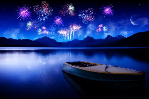 Boat on the lake on the background of fireworks