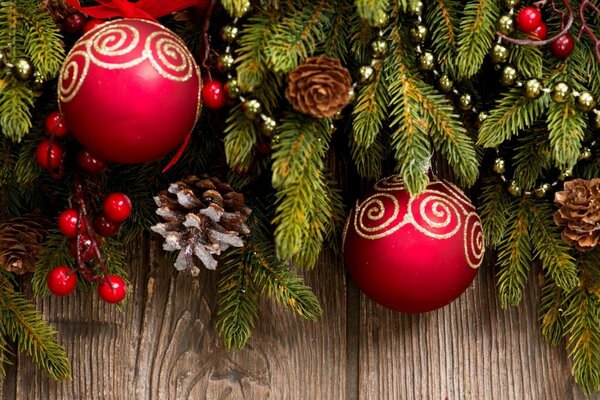 Christmas picture with red balloons and Christmas tree branches