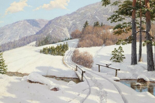 Estrada de inverno, ponte sobre o riacho