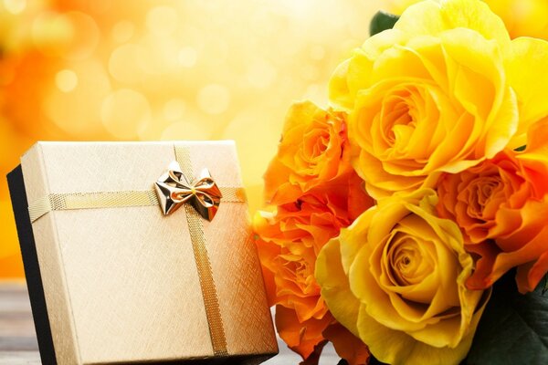 A gift to a girl with a bouquet of yellow flowers. romantic gift