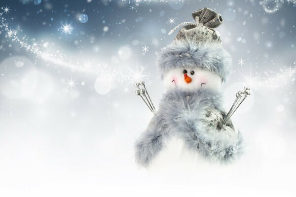 Christmas background with a snowman in the foreground