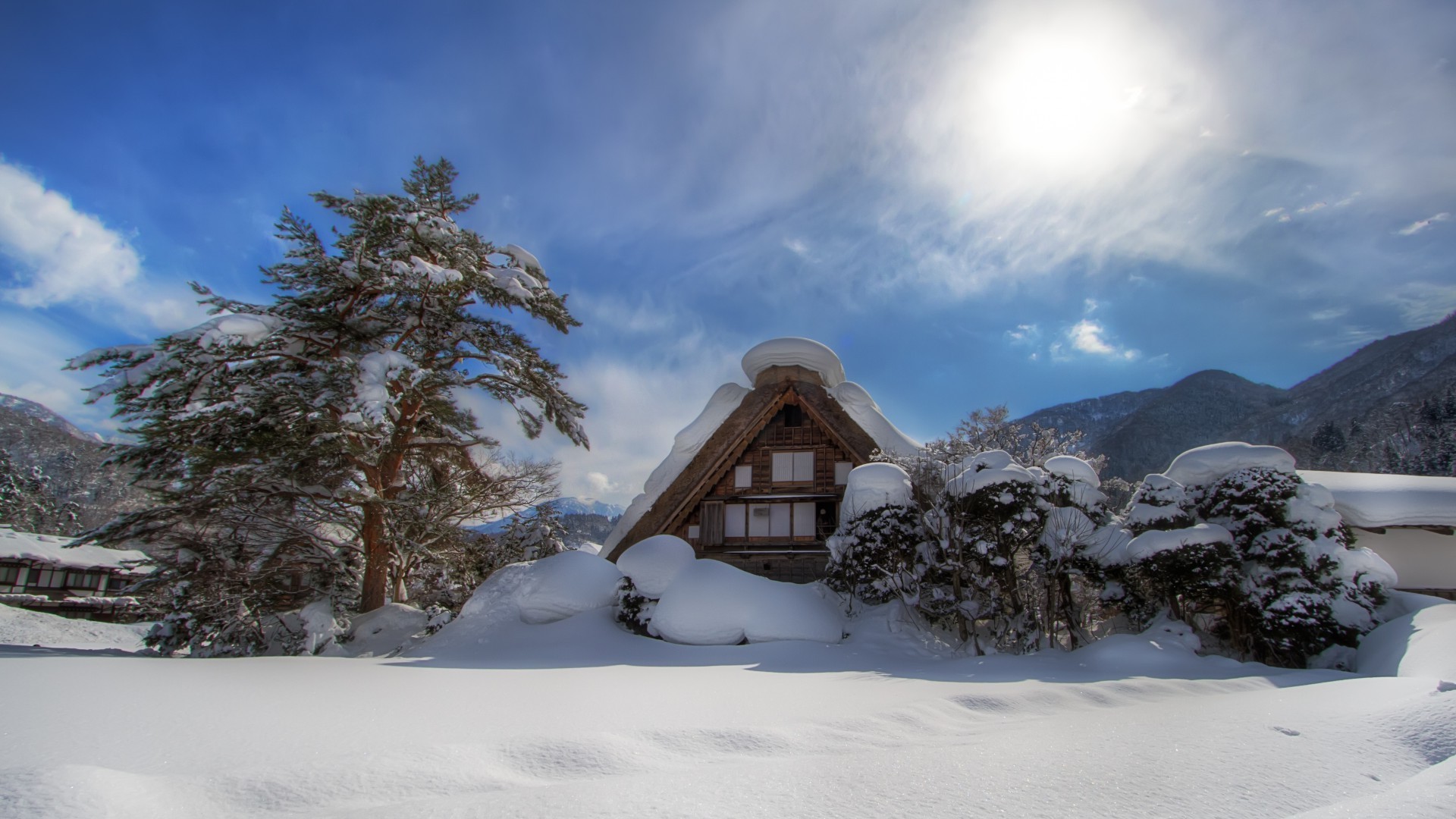 hiver neige froid montagnes glace station paysage bois congelé cabane gel bois ciel voyage maison bungalow scénique evergreen