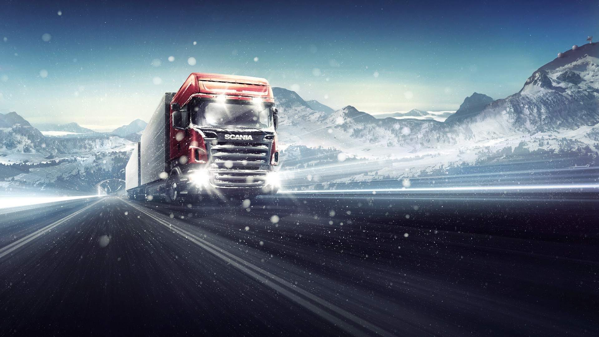 camions neige hiver voyage système de transport paysage route montagnes voiture rapide lumière