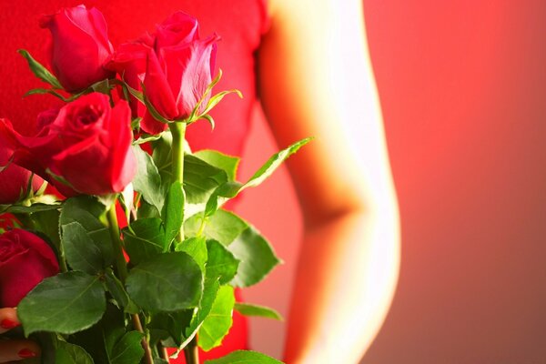 Menina em um vestido vermelho com um buquê de rosas vermelhas