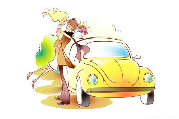 Desenho de um carro amarelo e amantes