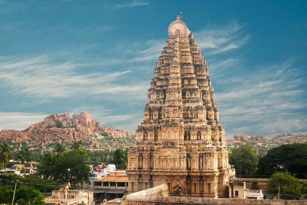 Ancient temple on the background of mountains and blue sky