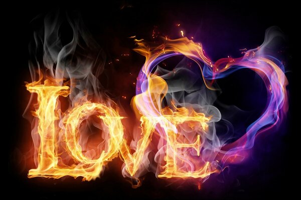 Inschrift Love und Herz aus Feuer