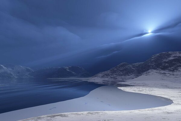 Schneebedeckte Berge im Dämmerlicht