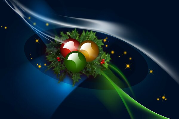 Multi-colored Christmas balls on green leaves among multi-colored lines