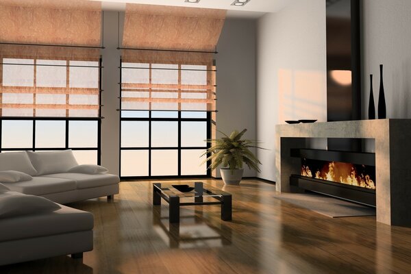 Design of a panoramic room with a fireplace