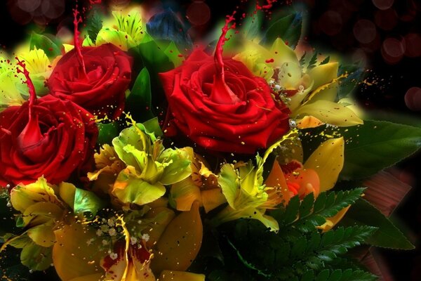 Bouquet of red roses and yellow orchids on a dark background