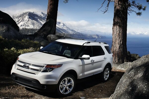 White Ford SUV in the middle of the forest on the background of mountains