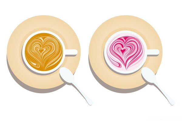 Two cups of coffee with hearts for lovers