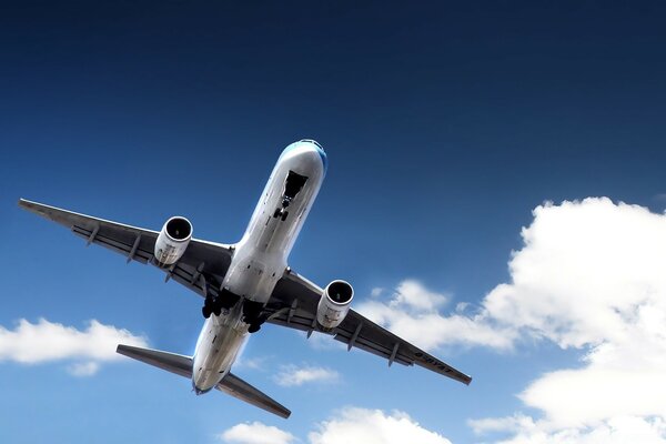 Flugzeug, blauer Himmel und weiße Wolken