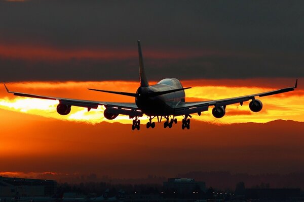 Landing plane on the background of sunset