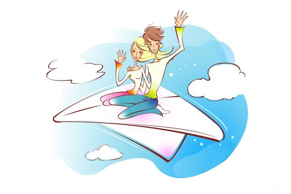 A young couple on a paper plane in the clouds