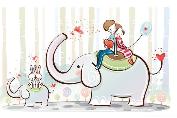 A loving couple of people and bunnies ride elephants