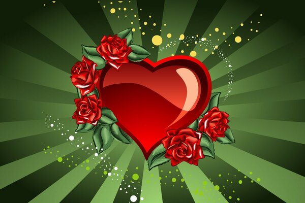 Heart screensaver with roses on a green background