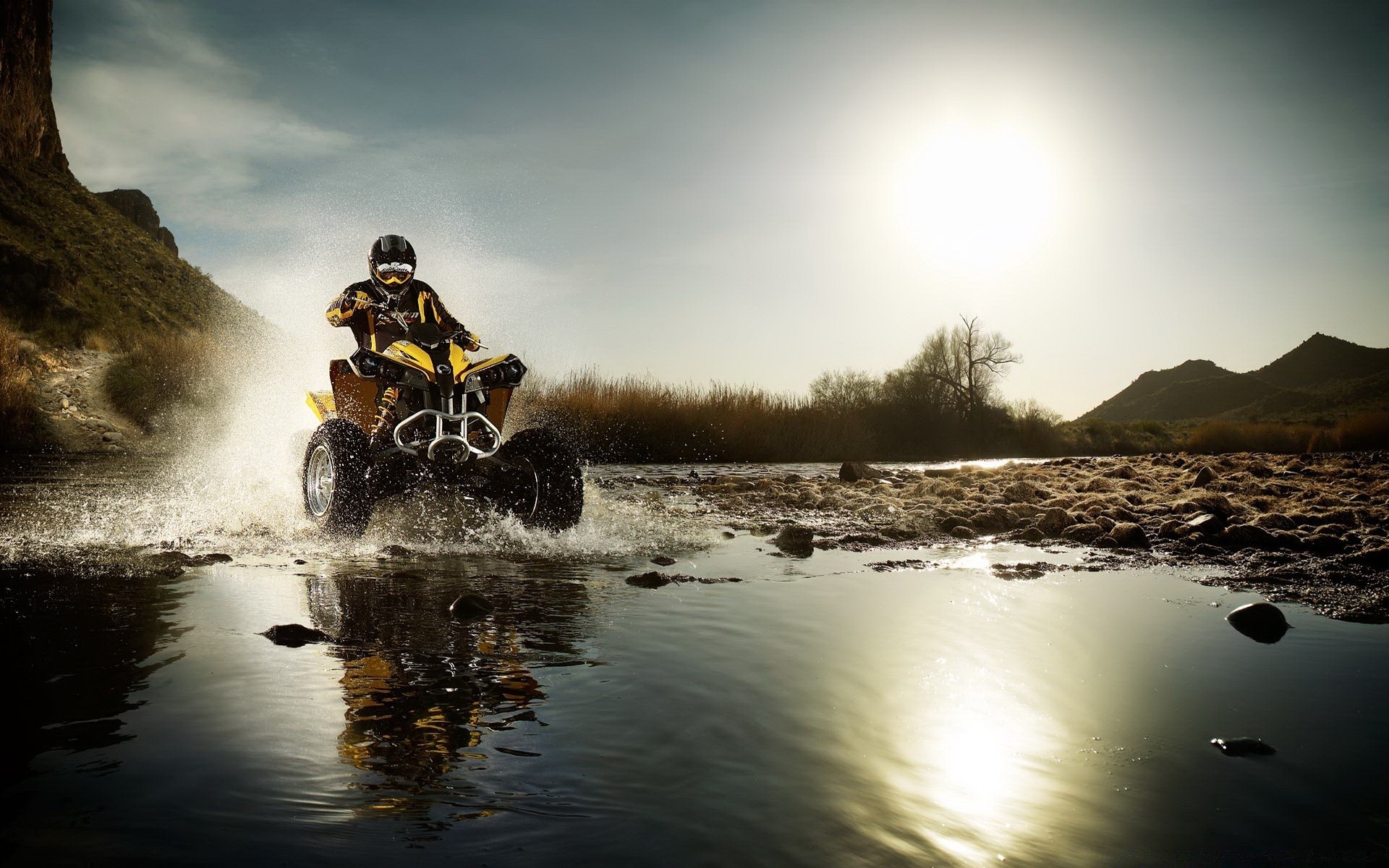 quads wasser fluss landschaft sonnenuntergang reflexion reisen see im freien auto bewegung aktion rennen