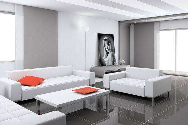 Design of a modern living room in white colors