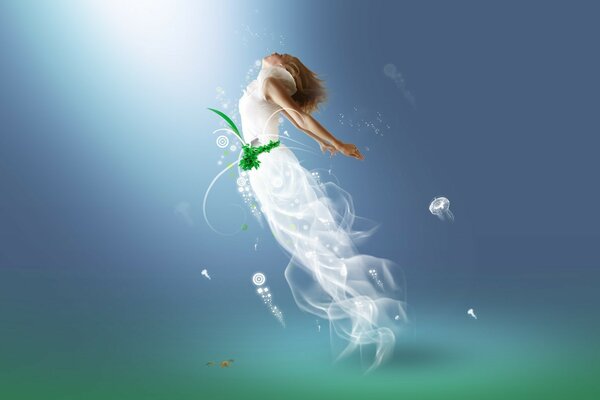 Girl swimming underwater with jellyfish