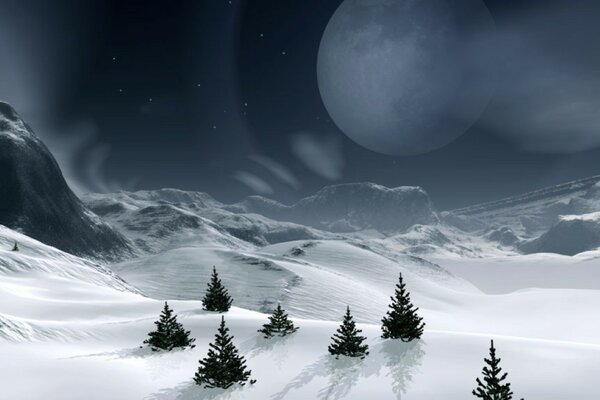 The moon illuminates the sky and the mountains