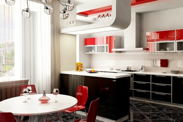 Kitchen interior in red and white tones