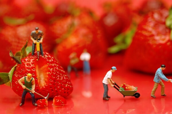 Makro Spielzeugarbeiter schneiden Erdbeeren ab