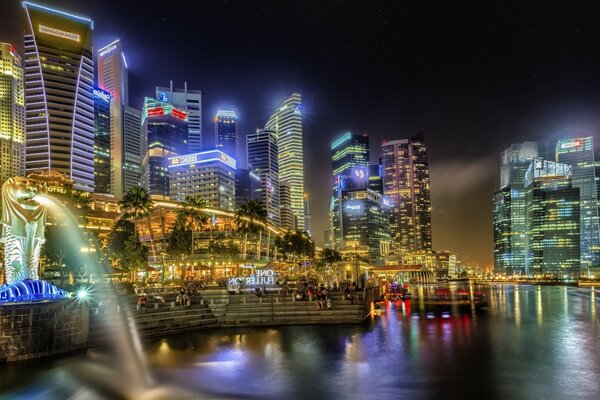 Night skyscrapers along the river