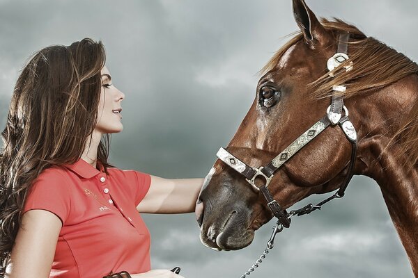 Retrato de uma menina com um cavalo contra um céu cinzento