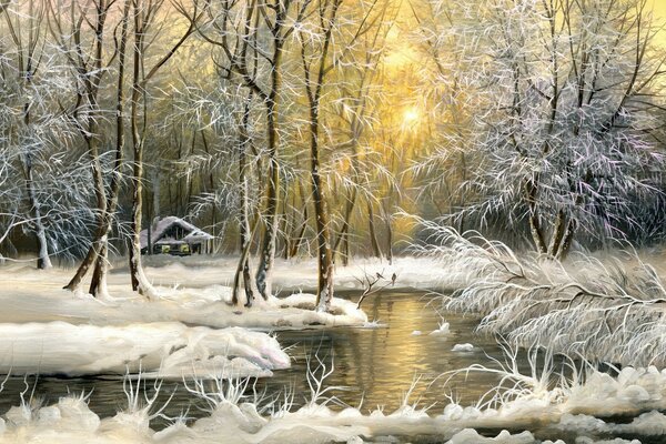 Frostiger Abend am Fluss