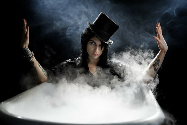 Girl in celindra bath with steam or smoke