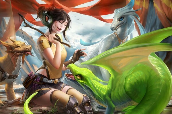 Jeu de fille avec ses dragons