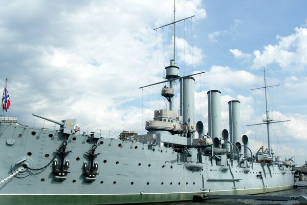 Military cruiser aurora at sea