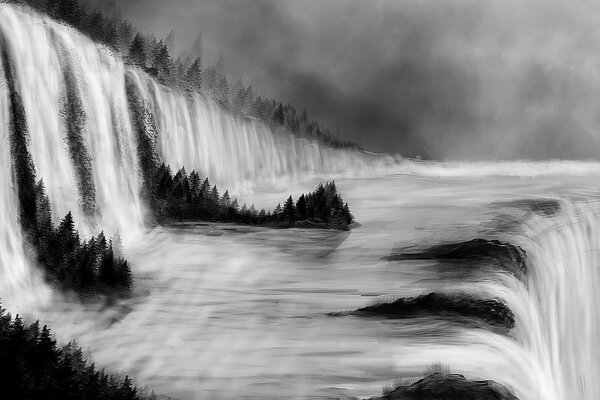 A huge waterfall spews a stream of water