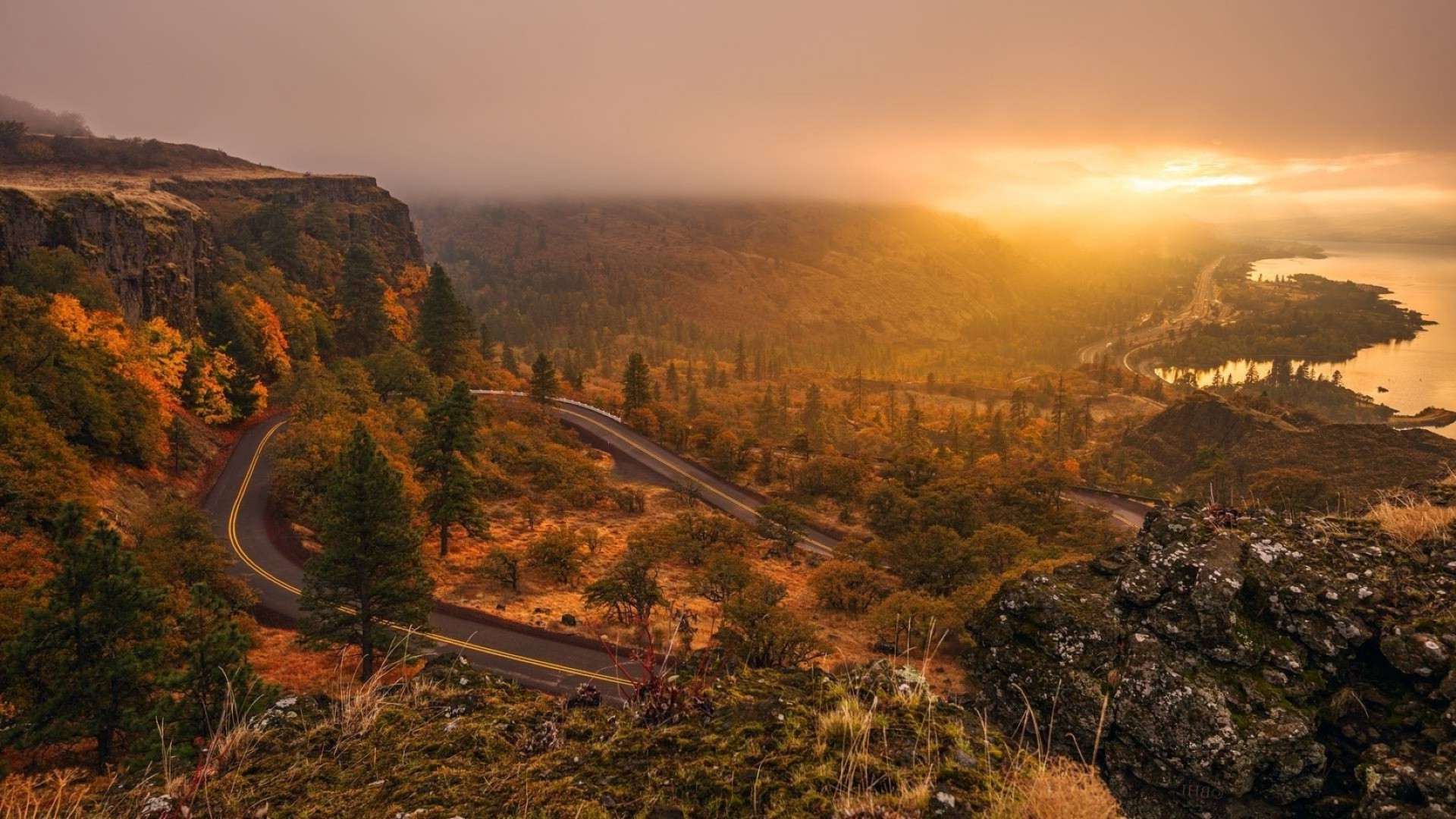 road landscape travel mountain sunset sky nature dawn outdoors fog scenic light hill tree evening