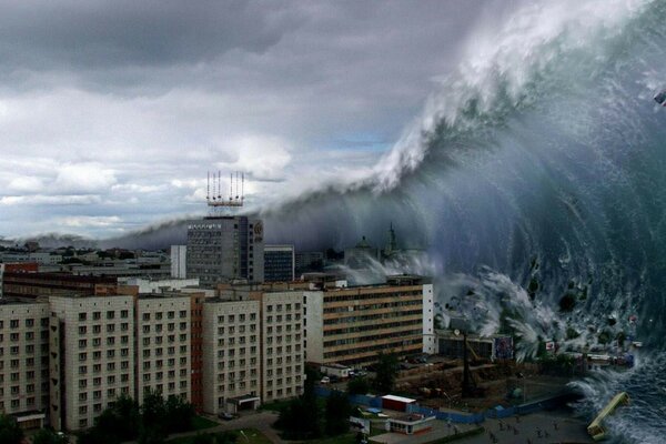 The collapse of the city due to the tsunami