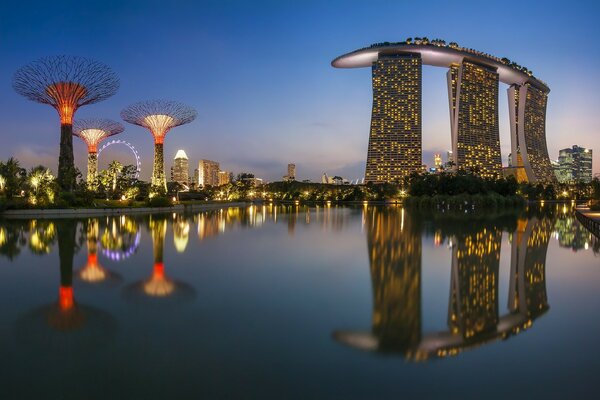 Reflejo de los rascacielos en el estanque de la ciudad. Ciudad De Singapur