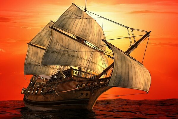 Un barco de vela pintado. Ilustración de aventura