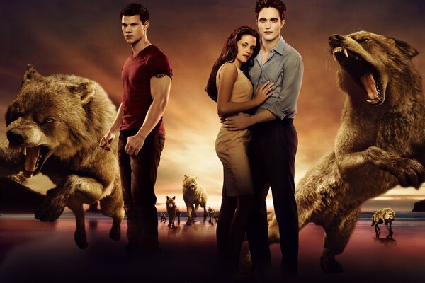 Bella Swan, Edward Cullen, Jacob Black und die Werwölfe aus dem Film