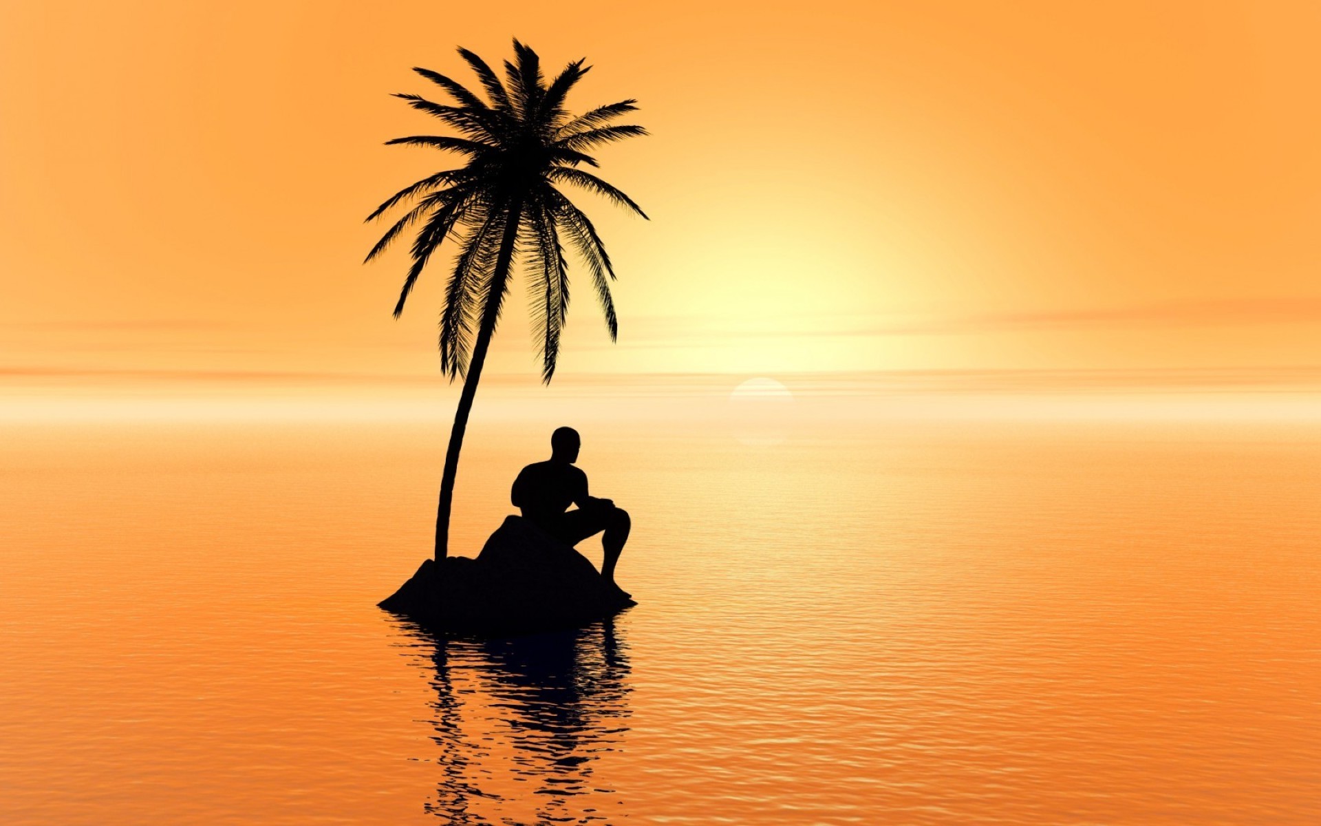 Размышление 20. Пальма силуэт. Закат на необитаемом острове. Пальмы солнце. Человек на фоне моря.