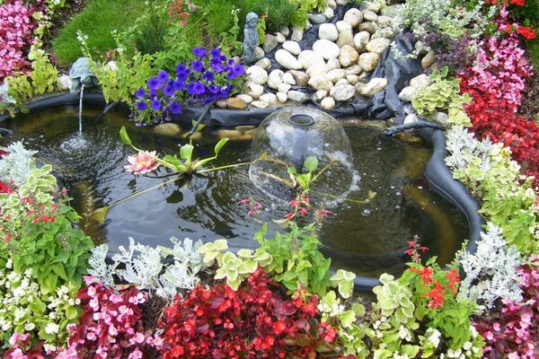 A colorful meadow with flowers and a pond