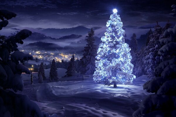 A fabulous New Year s picture. A Christmas tree in the snow in the middle of a fairy tale