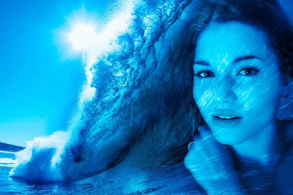 A girl on the background of a big wave