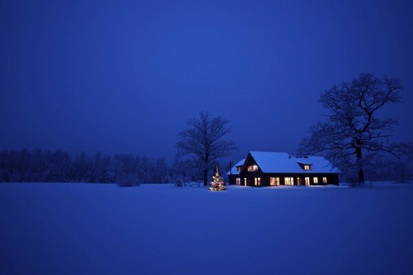 Pequeña casa en el borde nevado del bosque