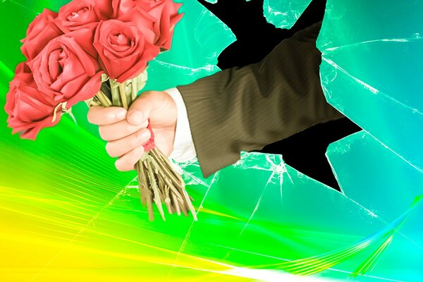 Hand mit einem Rosenstrauß, der den Bildschirm zerschmetterte