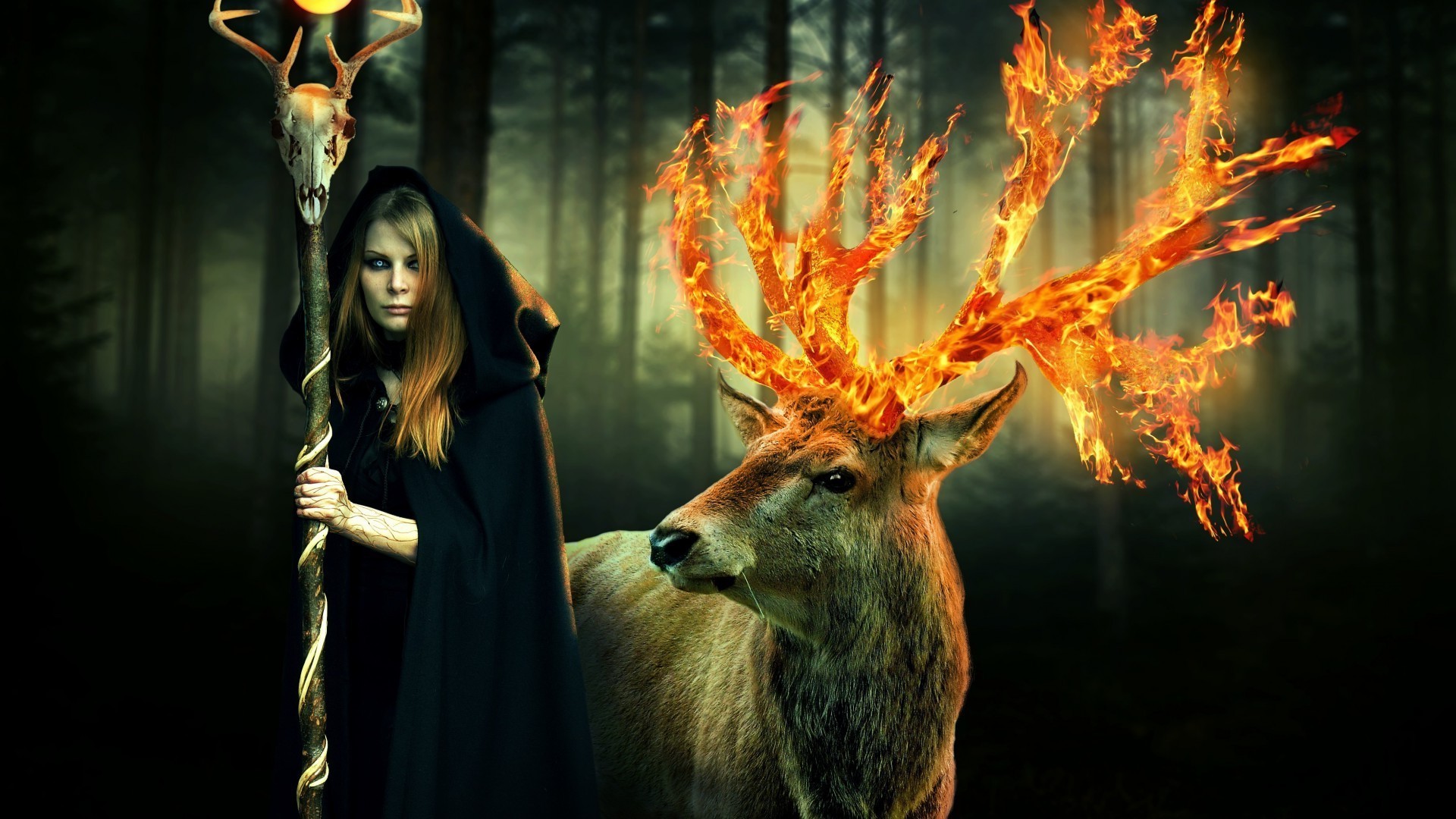 Огонь оленя. Волшебный олень. Ведьма в лесу. Девушка с оленем в лесу. Олень фэнтези.