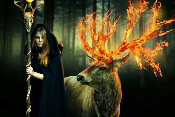 A deer with golden horns against a witch