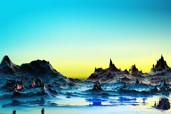 3d graphics water and rocks on the background of dawn