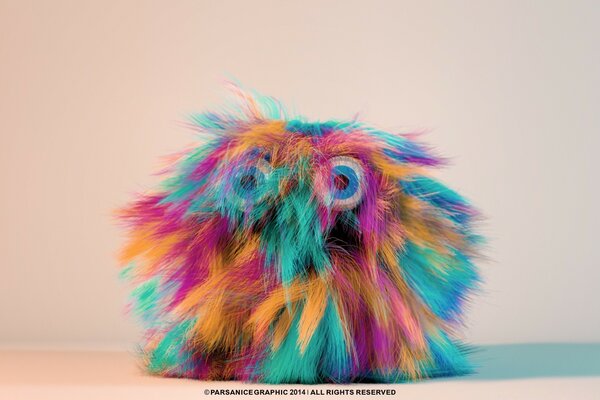 Fluffy multicolored creature with bulging eyes